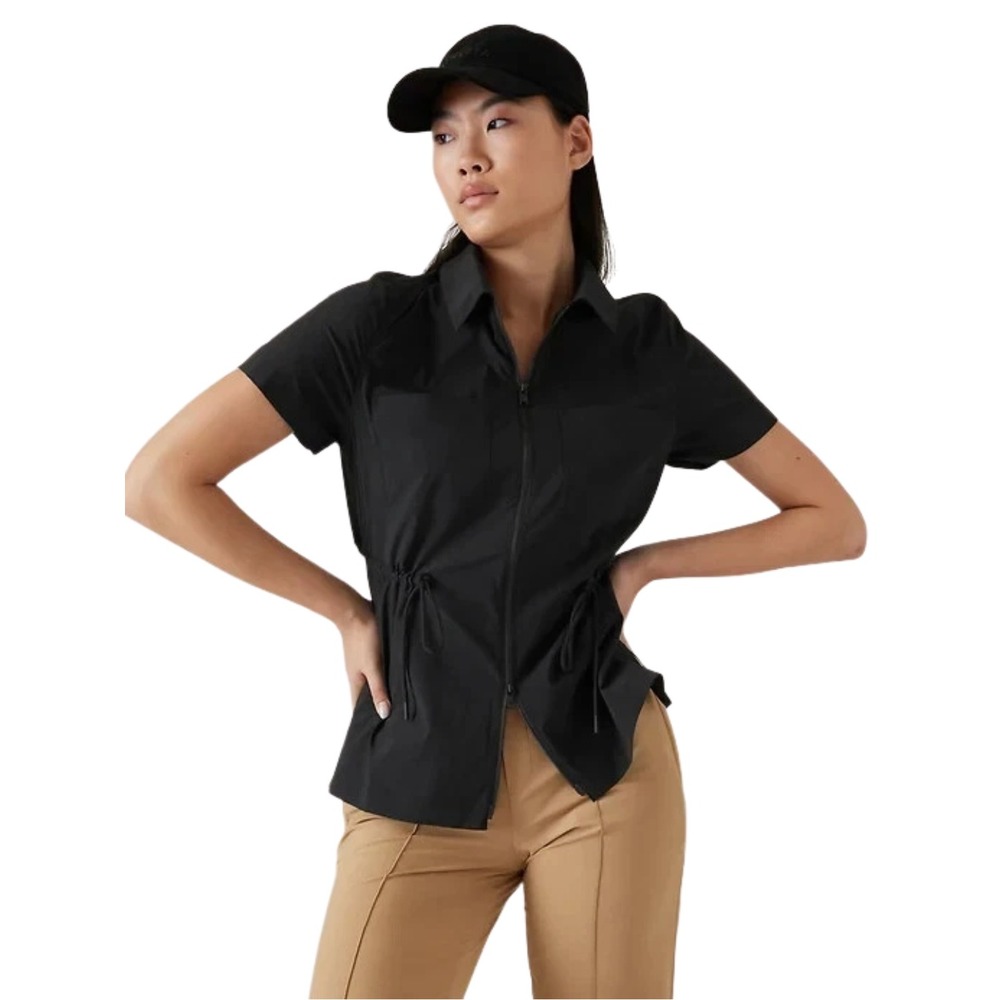 Athleta Top Womens Small Black Advantage Cinch Utility Full Zip Drawstring Waist